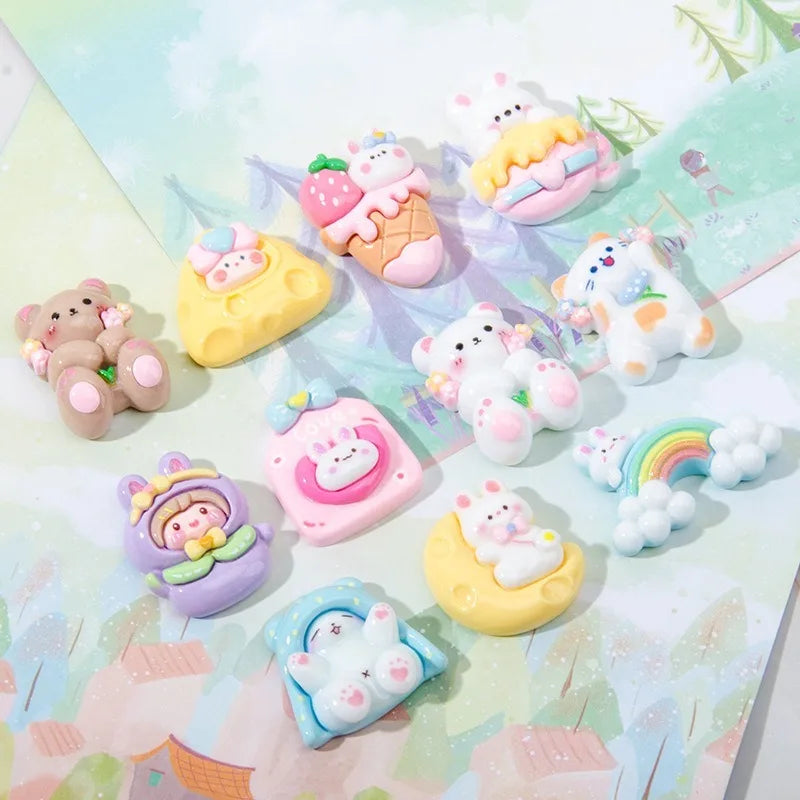 Mini 3D Bear Rabbit Resin Charms Kawaii Flatback Resin Ornament For Cream Glue DIY Crafts Phone Decoration Hair Accessories HIP 7 Pcs