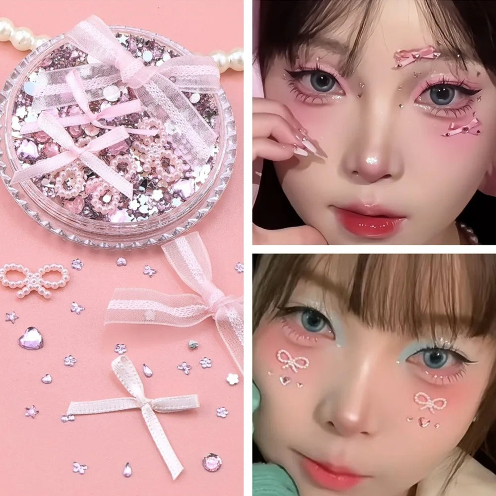 1 Box Sweet Face Jewelry Decoration Rhinestone 3D Bow Love Crystal Diamond Pearl Safe Nail Hair Accessories Festival Face Makeup HIP 159