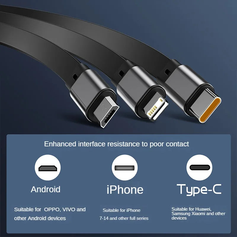 3 in 1 Multi Retractable USB Phone 100W Fast Charging and Data Cable for Lightning/Android/Type-C Devices HIP