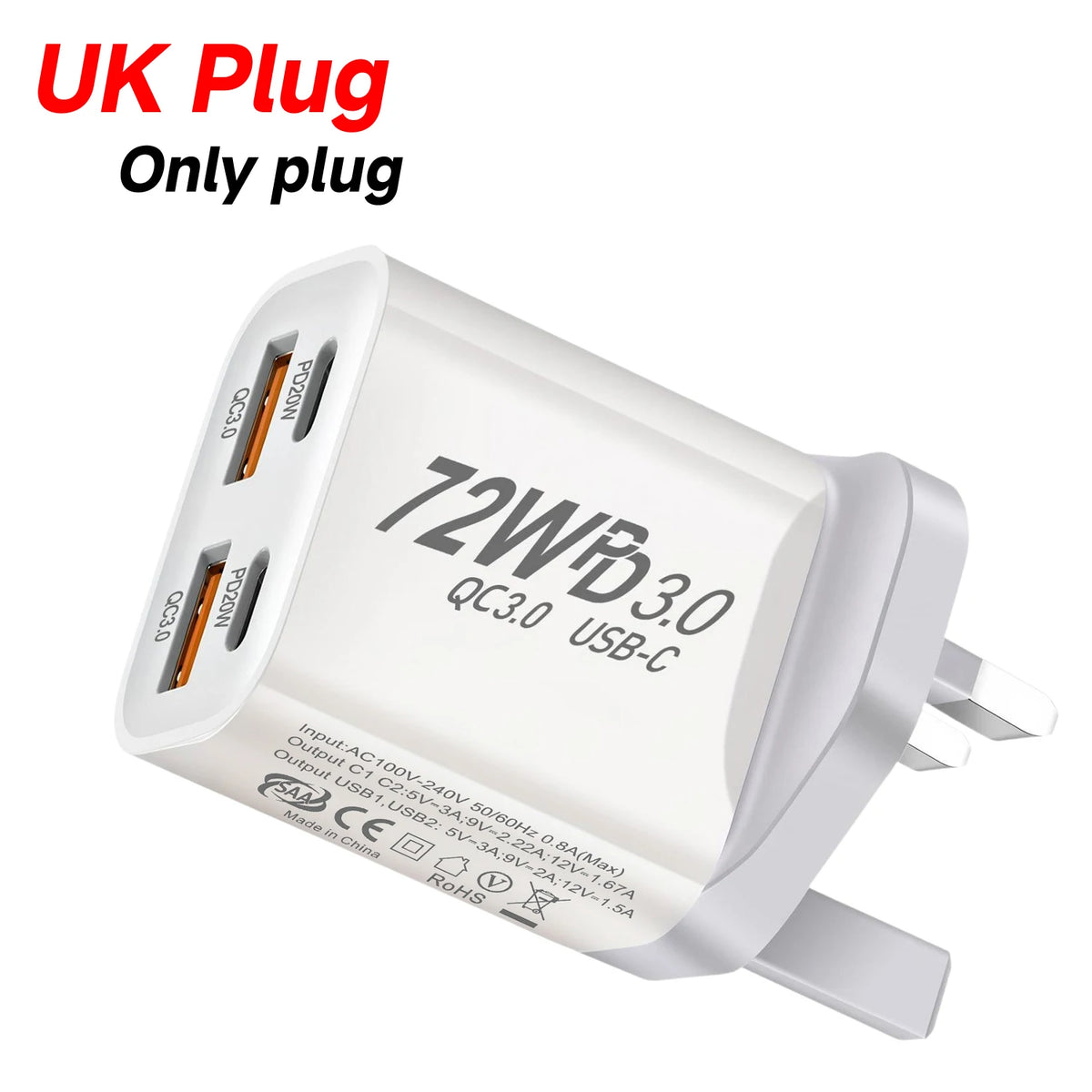 4-Port USB Wall Charger – QC3.0 & PD 20W | UK AU EU US USB Wall Charger HIP UK Plug