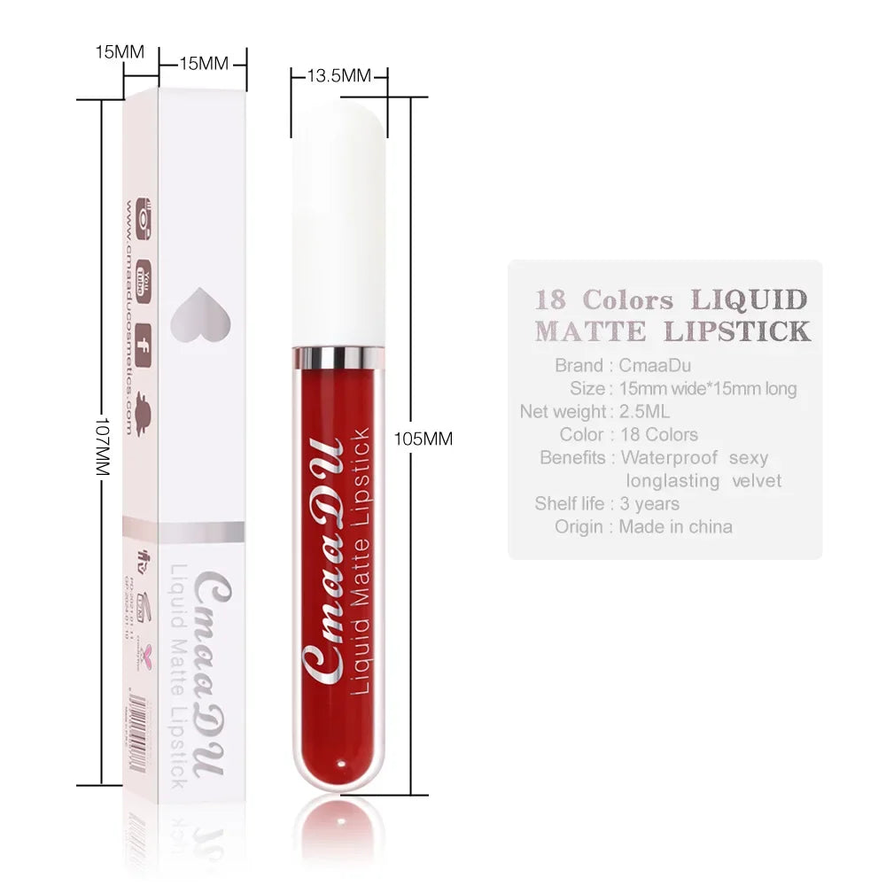 CmaaDu 18-Color Matte Velvet Liquid Lipstick – Waterproof Matte Liquid Lipstick HIP