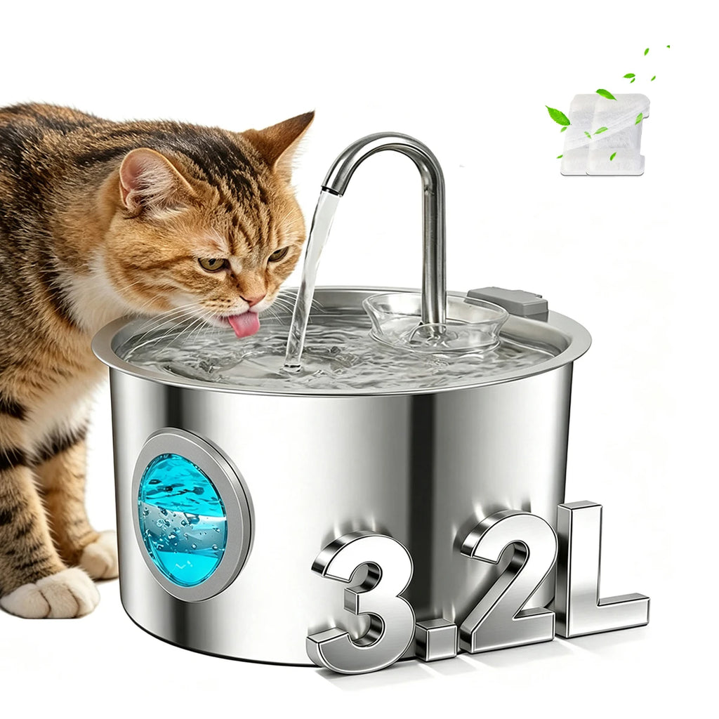 3.2L Cat Automatic Water Dispenser Smart Cat Fountain Pet Auto Water Feeder with Visible Window Dog Stainless Steel Water Bowl HIP