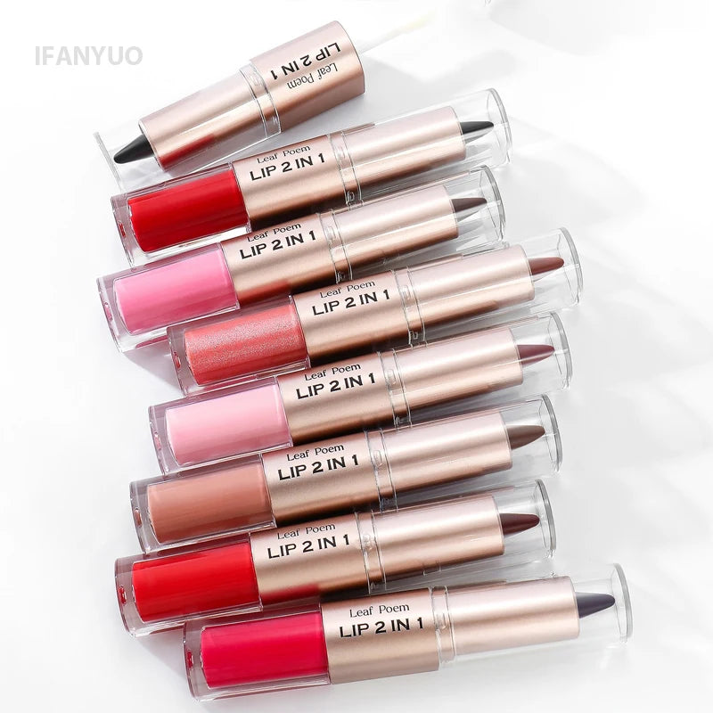 2IN1 Tapered Gradient Lipliner Pen Nude Brown Mirror Glass Lip Gloss Matte Lip Liner Waterproof Lip Contour Non Stick Makeup HIP