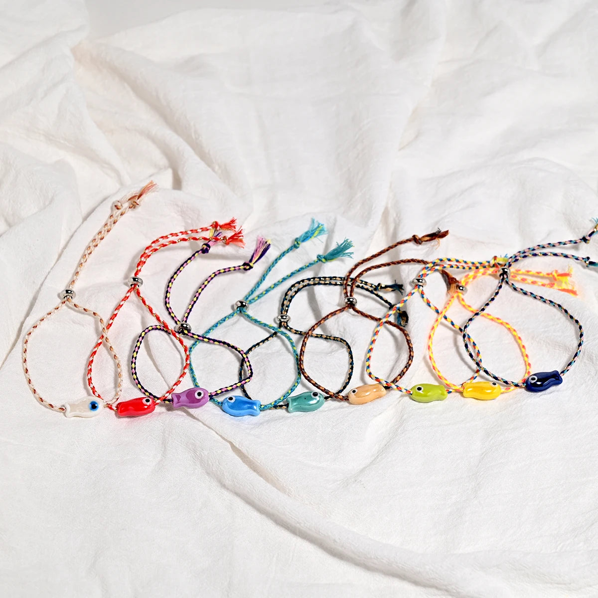 Set of 10Pcs Ceramic Fish Bracelet for Women Handmade Woven Colored Rope Boho Wrap Charm Bracelet Friendship Popular Jewelry HIP