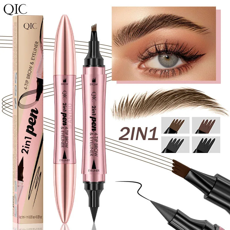 4 Fork Tip Eyebrow Eyeliner Pencil Waterproof 2IN1 4Point Microblading Liquid Wild Eyebrow Tattoo Pen Lasting Fine Sketch Makeup HIP
