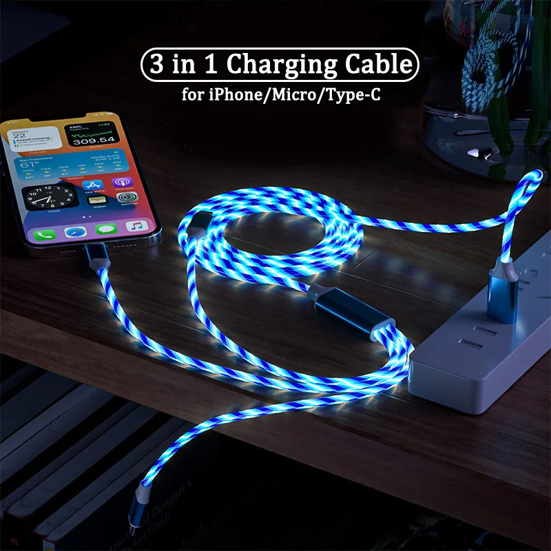 3-in-1 LED Glowing Charging Cable – USB-C Micro USB Lightning LED Charging Cable HIP