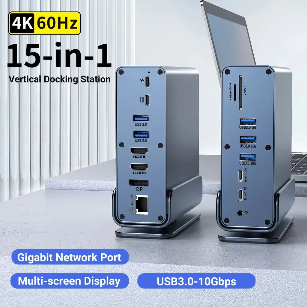 15-in-1 USB-C Docking Station 4K@60Hz Triple Display HDMI DP USB-C Docking Station HIP