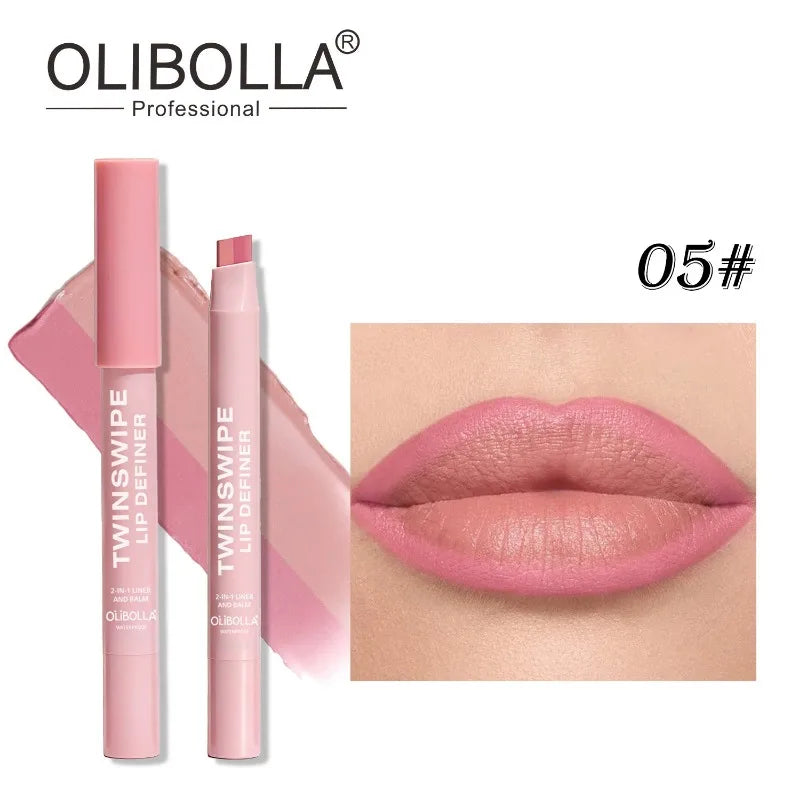 Cinnamon Lipstick Carving Matte 2 in 1 Dual Color Velvet Slanted Lip Liner Pencil Waterproof Long Lasting Women Daily Lip Makeup HIP 05