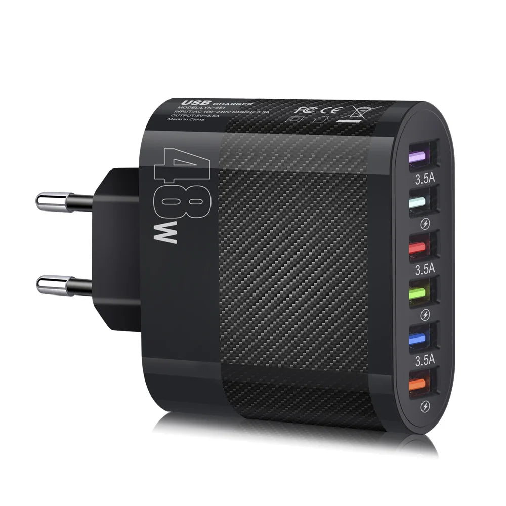 48W 6-Port USB Fast Charger – Quick Charge US & EU Plug USB Wall Charger HIP EU Black