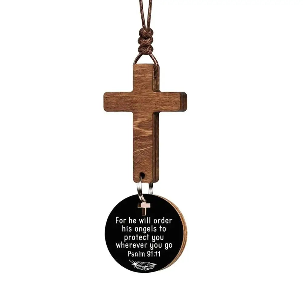 Wood Cross Car Mirror Pendant – Bible Verse Hanging Charm Car Mirror Ornament HIP