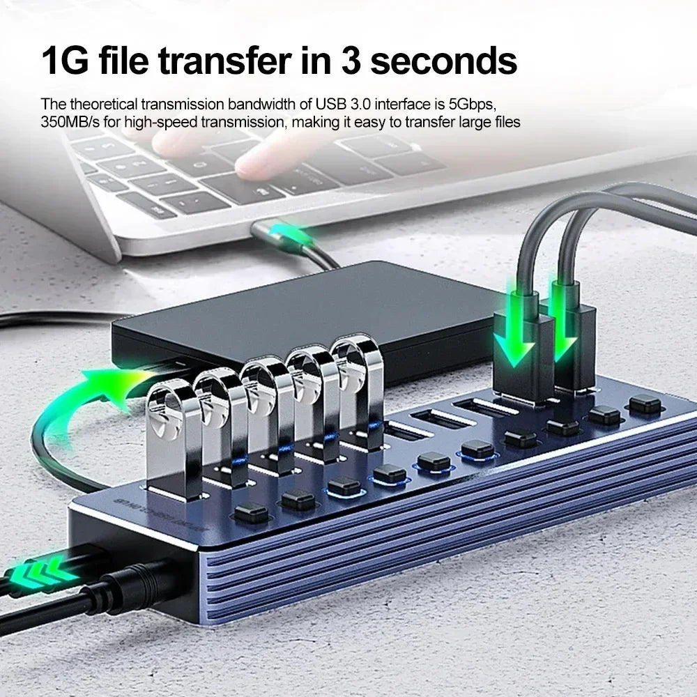 KEBIDUMEI 10-Port USB 3.0 Hub | 5Gbps & Independent Switches USB 3.0 Hub HIP