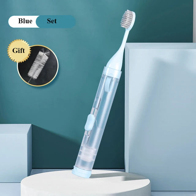 3 In 1 Portable Toothbrush Can Hold Toothpaste Integrated Hygienic Folding Travel Toothbrush Oral Cleaning Tools Easy Carrying HIP Normal-Blue