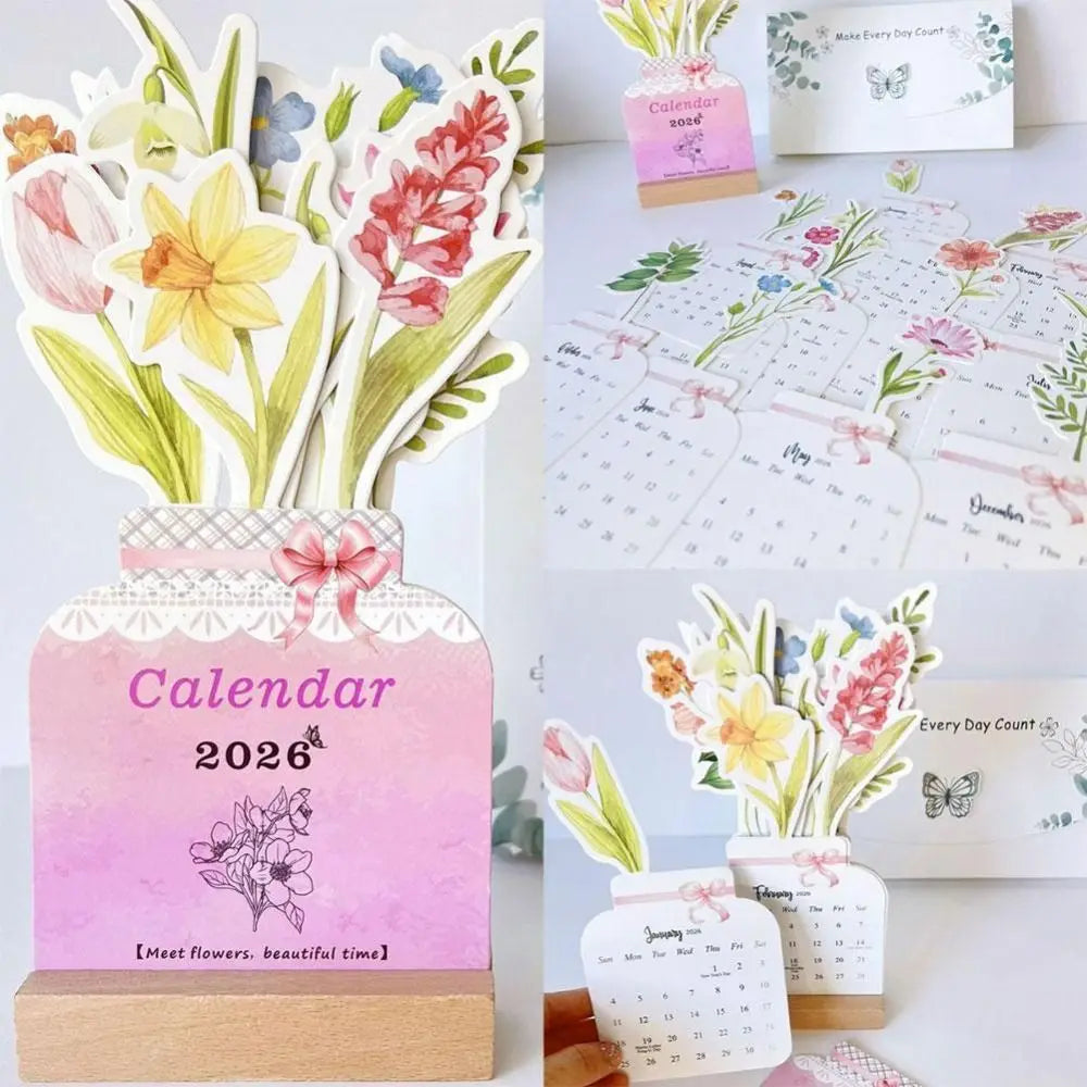 2026 Floral Vase Desk Calendar – Wooden Base Monthly Planner Desk Calendar HIP