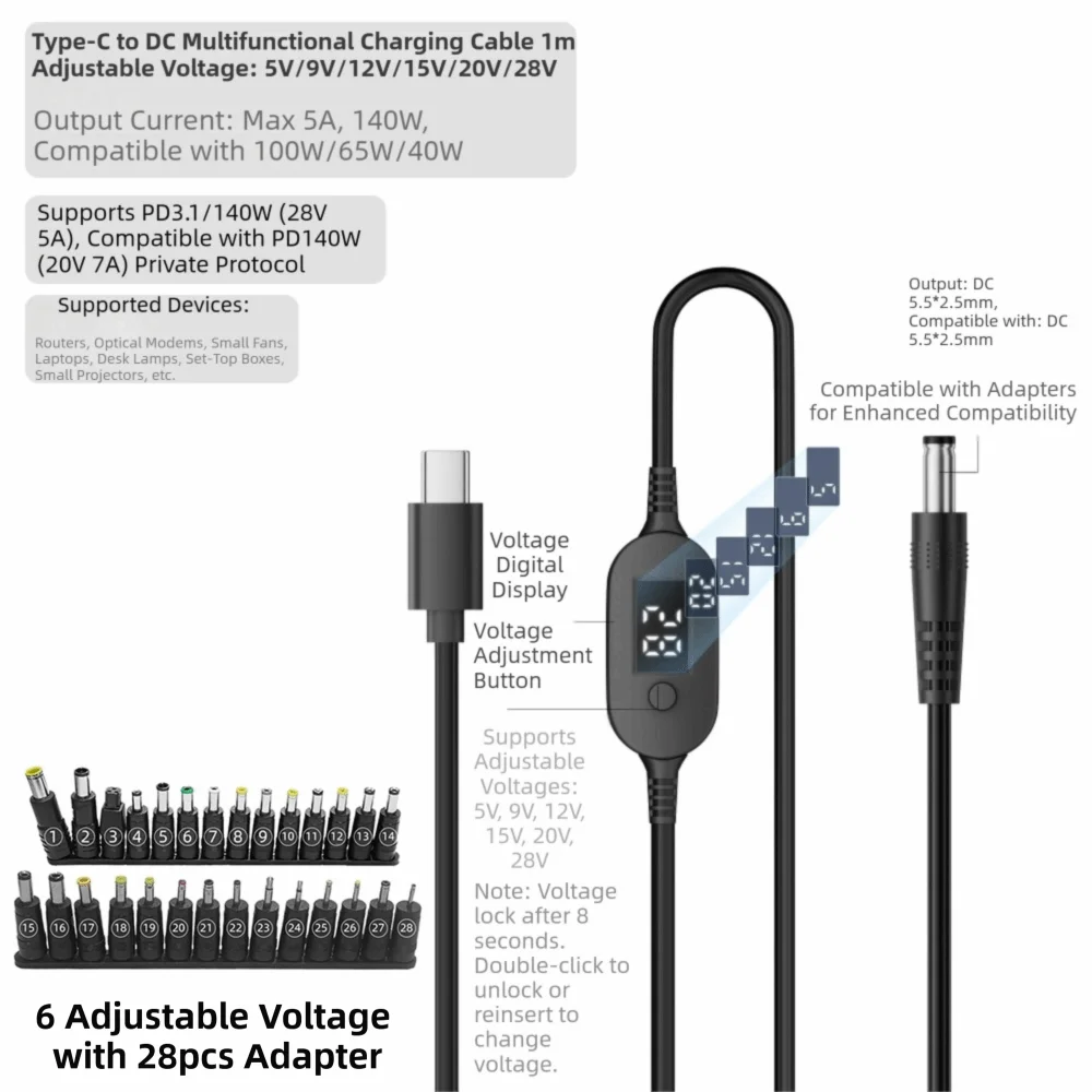USB-C to DC Adapter Cable Adjustable 5V–20V Digital Display USB-C Power Adapter HIP Cable -28pcs Adapter