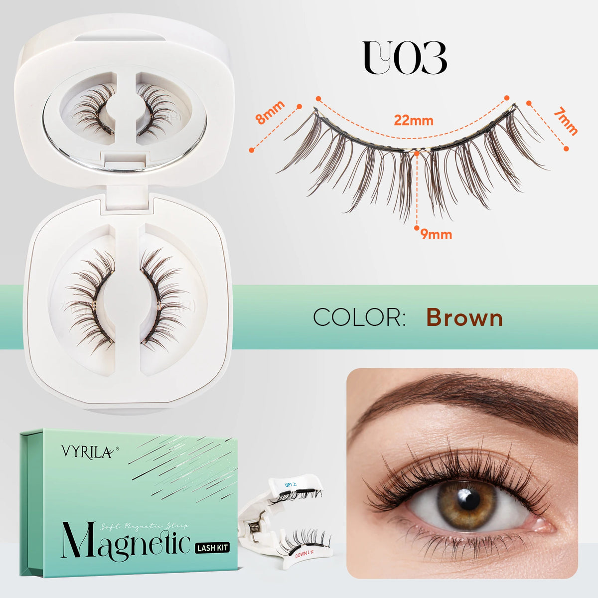 VYRILA Upgrade Magnetic Eyelashes Brown/Black Reusable Soft Magnetic Lash with Applicator Natural Look No Glue Needed Lashes Kit HIP U03 kit