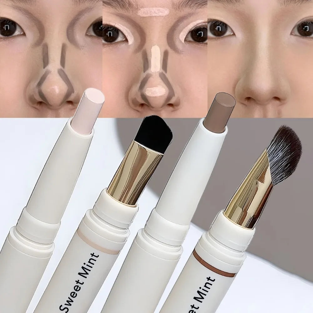 Dual-Ended Face Contour & Highlight Stick 3D Nose Shadow with Smudge Brush Silky Smooth Concealer Pen Natural Sculpting Makeup HIP