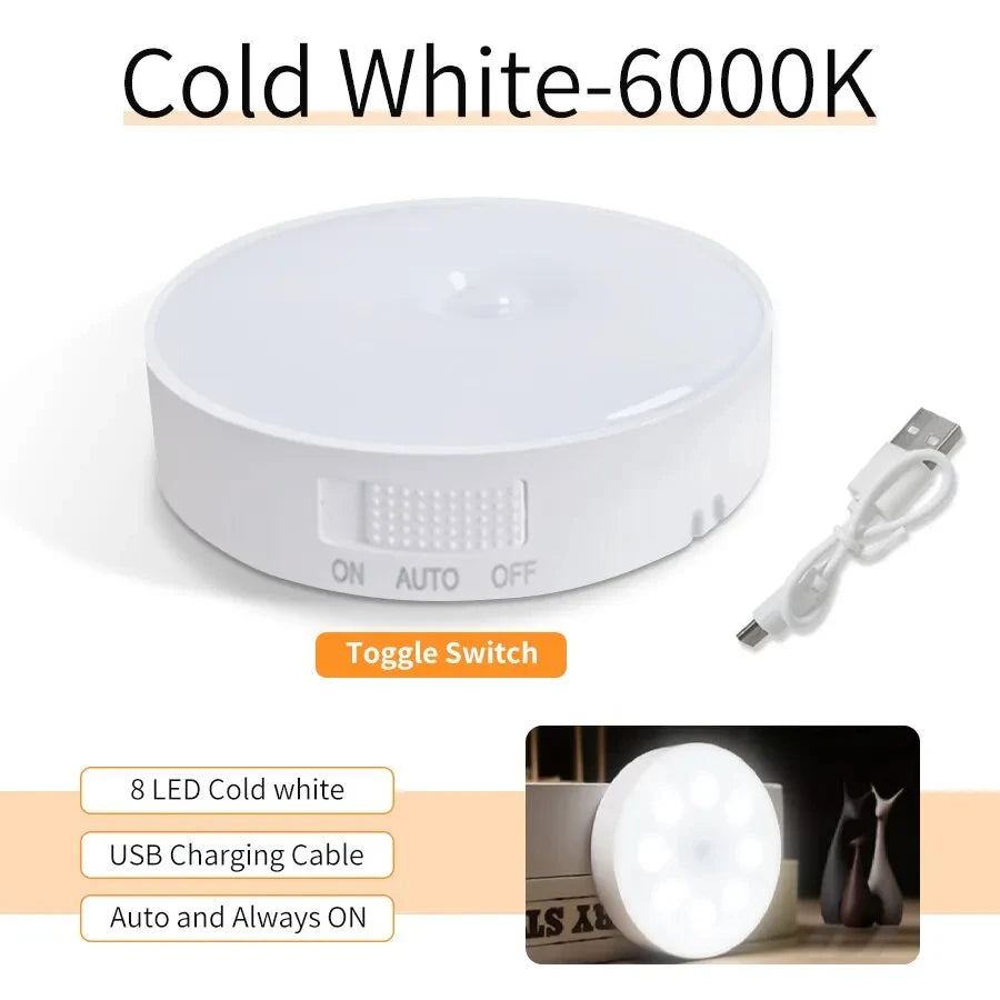 PIR Motion Sensor LED Night Light USB Rechargeable Bedroom Night Lamp Kitchen Cabinet Wardrobe Lamp Stairs Hallway Closet Lights HIP With Switch White