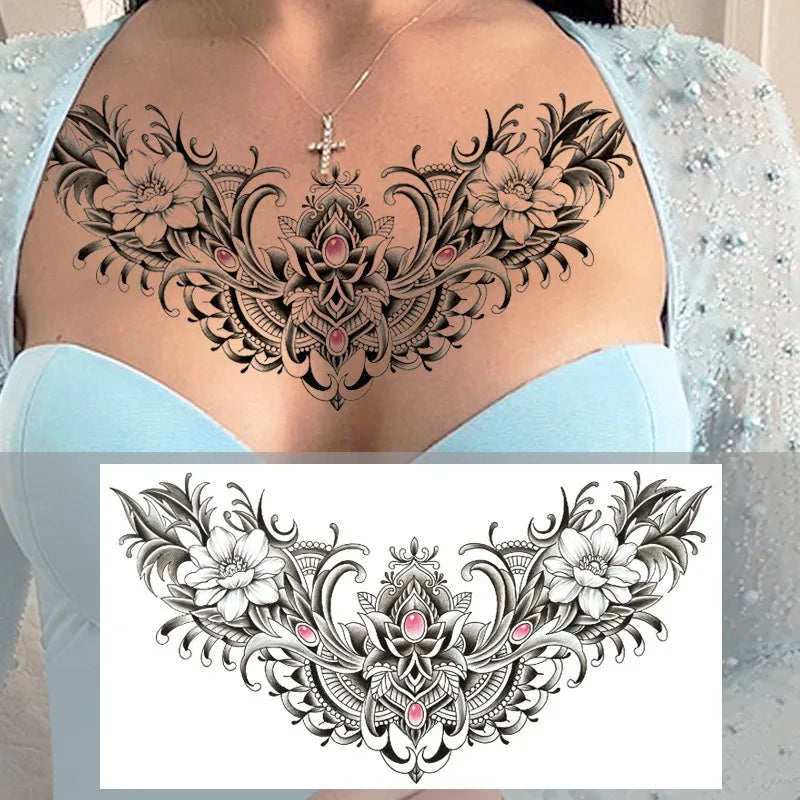 Waterproof Temporary Tattoo Sticker Big Chest Beauty Flower Fashion Colorful Butterfly Gem Diamond Art Fake Waist Tattoos Woman HIP