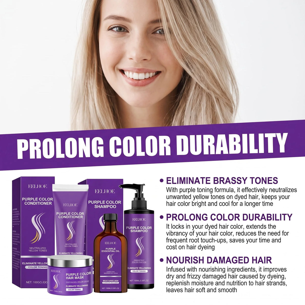 Purple Shampoo 4-Piece Set – Keratin, Argan Oil & Color Care Hair Care Set HIP