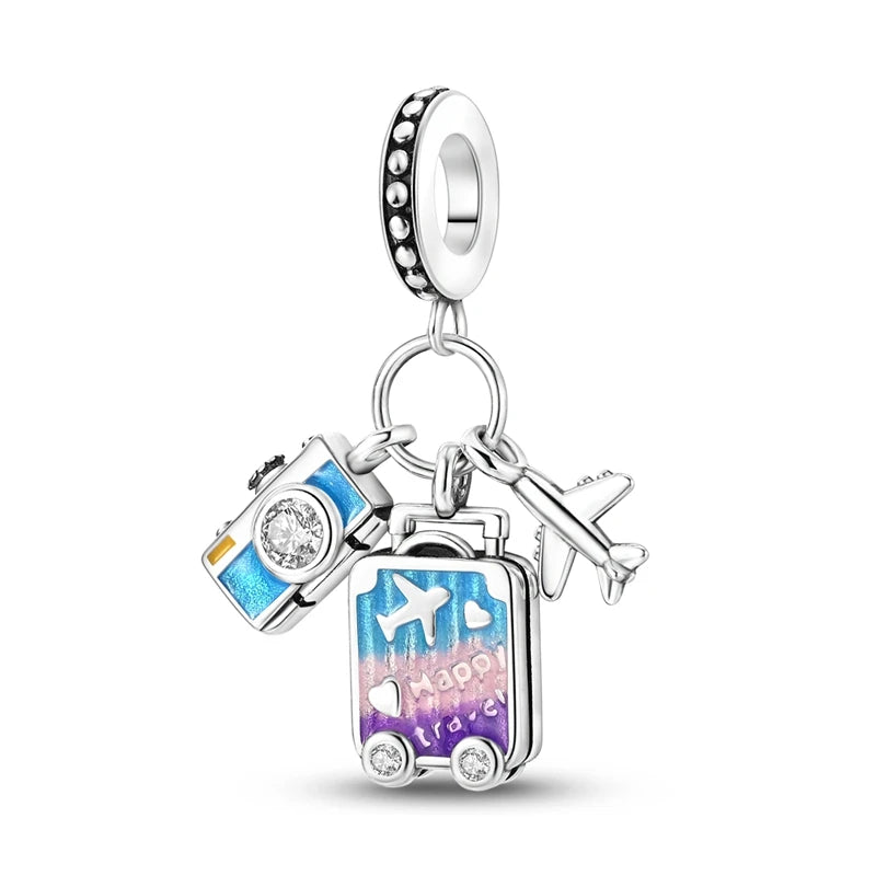 S925 Silver Plated Pink Perfume Bottle Luggage Camera Airplane Pendants Charms Fit Original Bracelets DIY Birthday Jewelry Gifts HIP W-KJC782