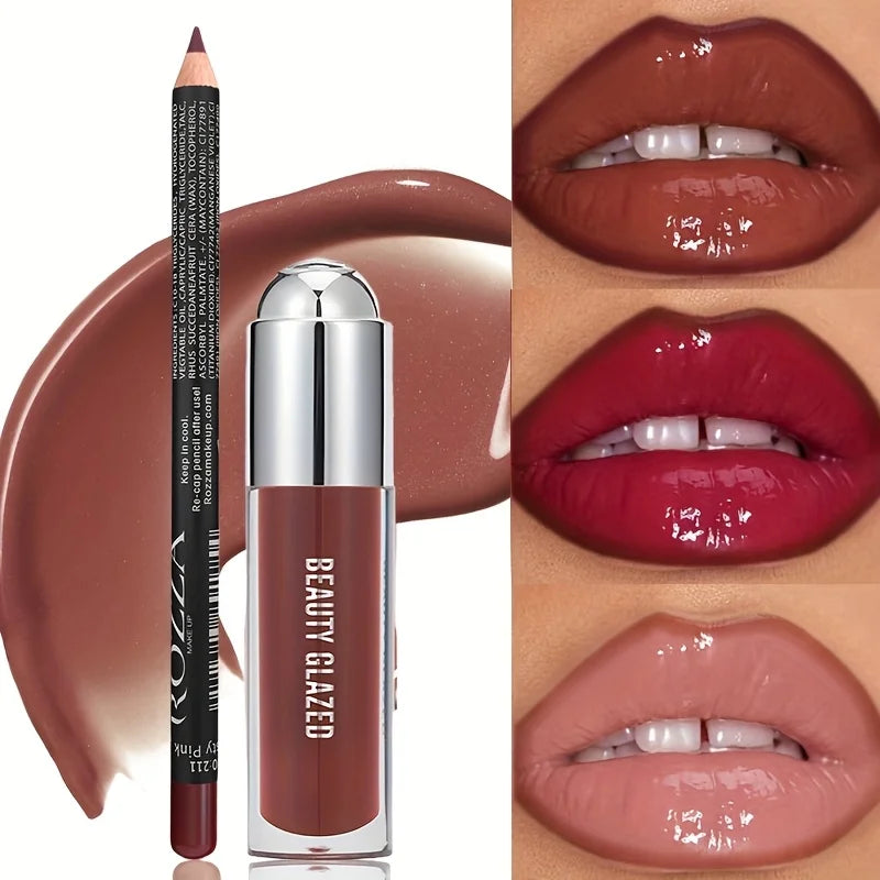 2Pcs Lip Gloss & Lip Liner Set Lip Kit Natural Nude Lip Glow Waterproof Longlasting Lip oil Liquid Lipstick Lip Liner Combo HIP