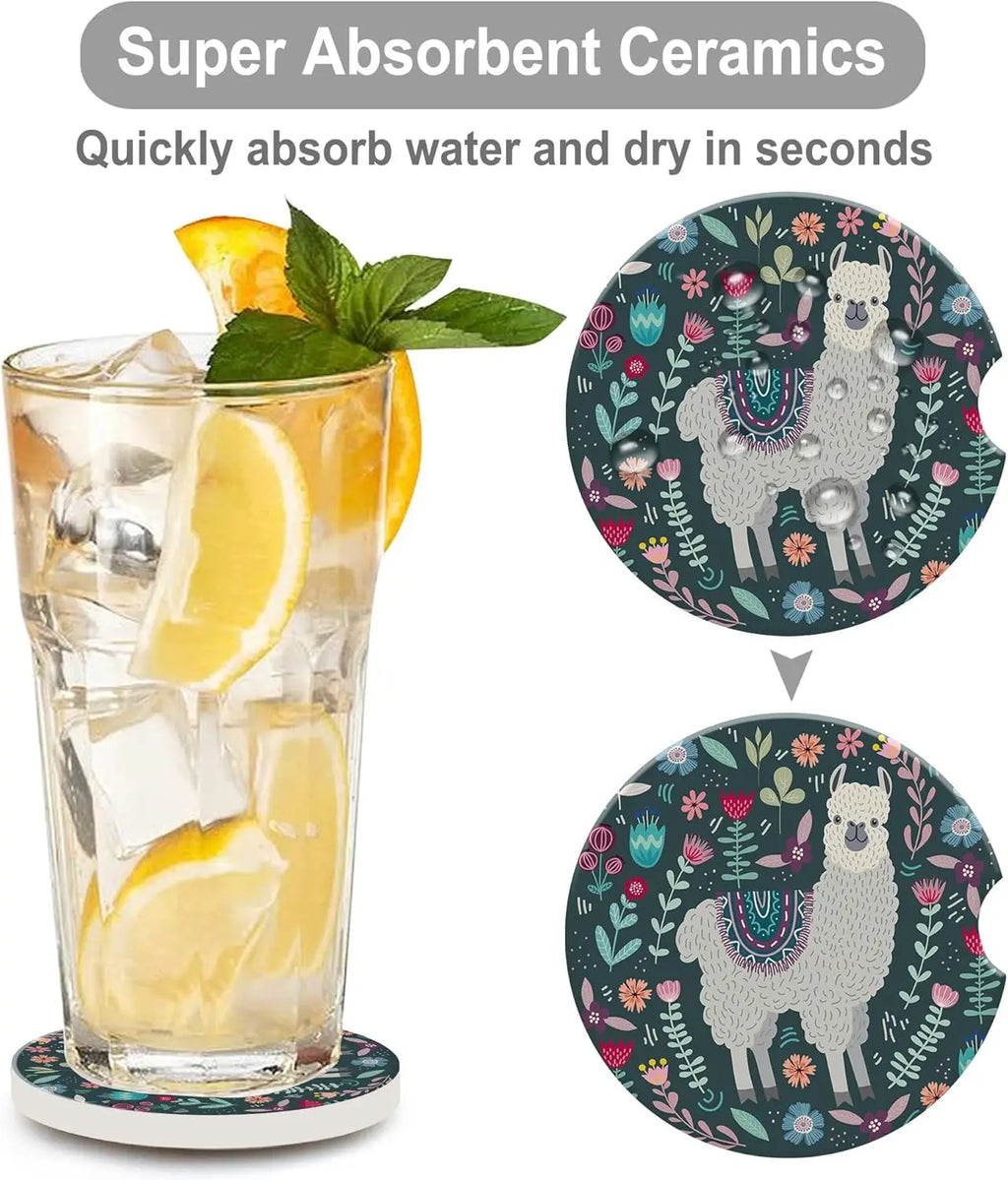 Llama Floral Ceramic Car Cup Holder Coasters – Drink Mat Car Cup Coaster HIP