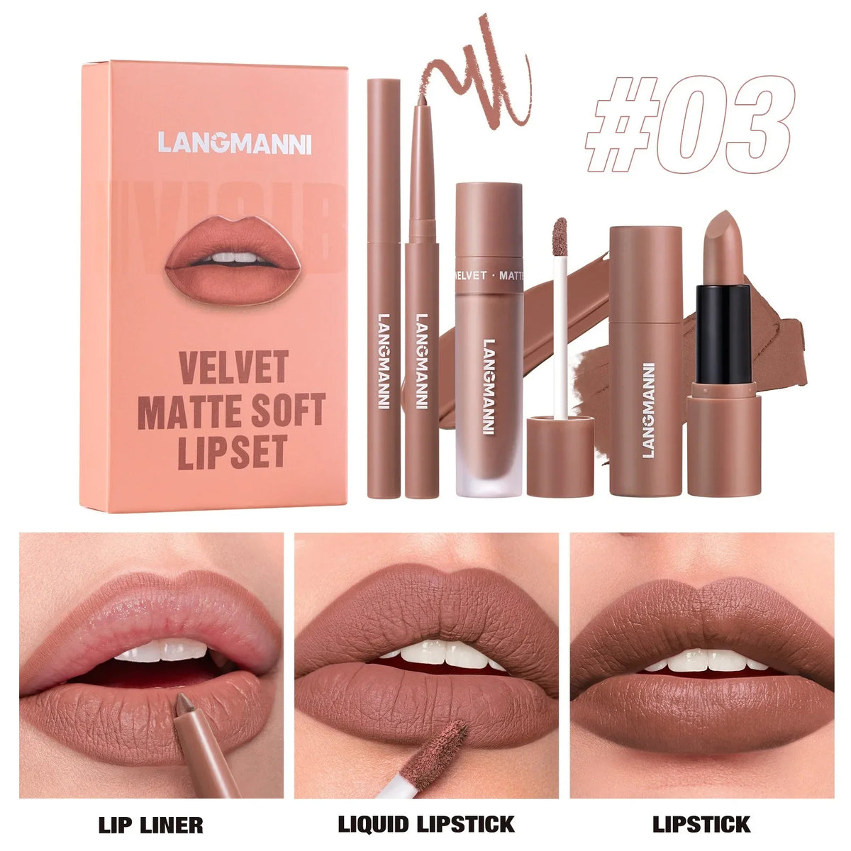 3PCS Matte Lipstick Set Nude Brown Velvet Liquid Lip Gloss Waterproof Non-stick Cup Lip Liner Plumper 24HR Lasting Not Easy Fade HIP 03