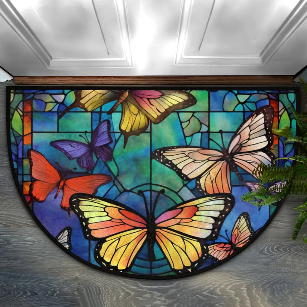 Half Round Non-Slip Doormat – Butterfly Floral Welcome Rug Semi-Circle Door Mat HIP 2 40x60cm-Felt