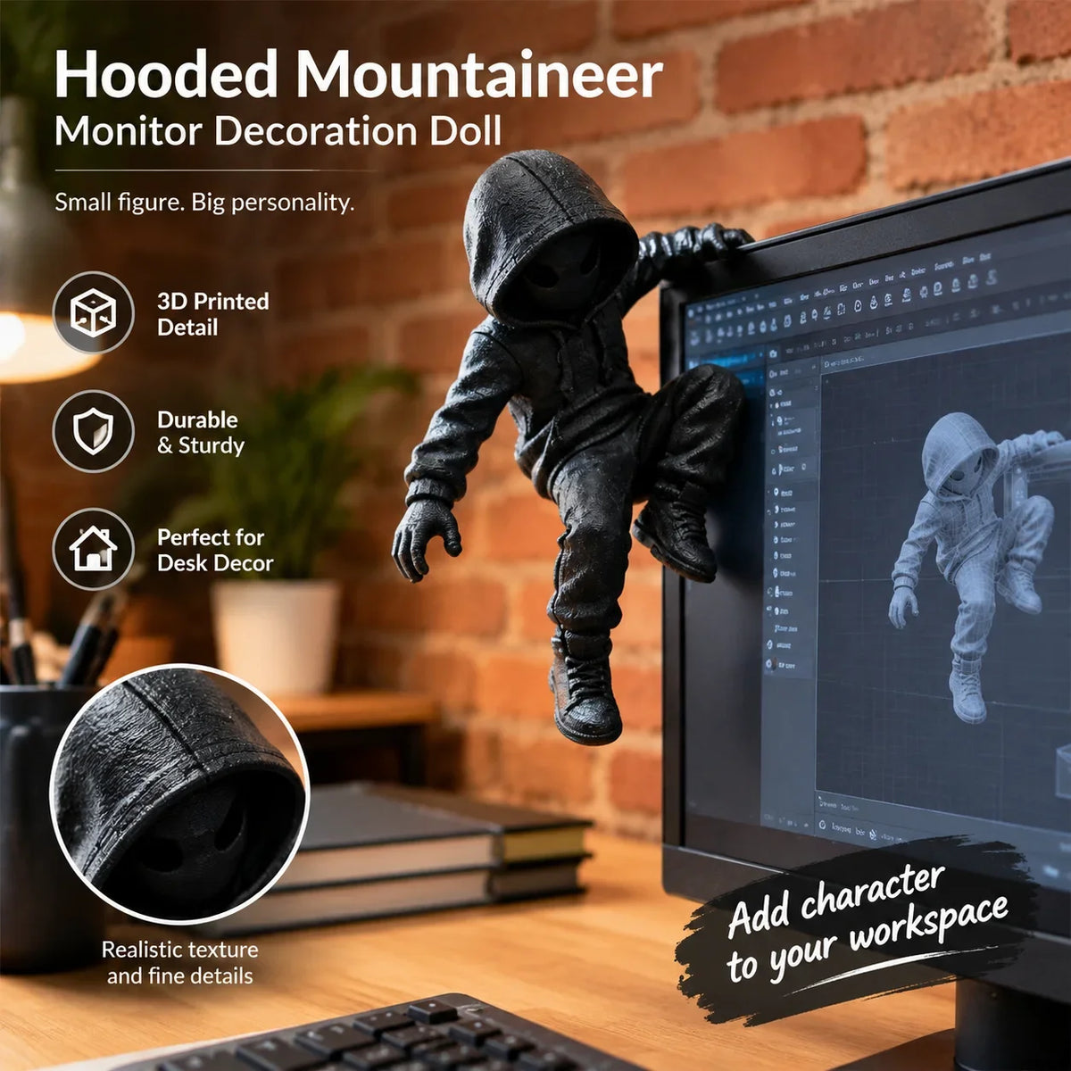 Hooded mountaineer monitor decoration doll table decoration 3D printing game settings black ornament decoration technology HIP