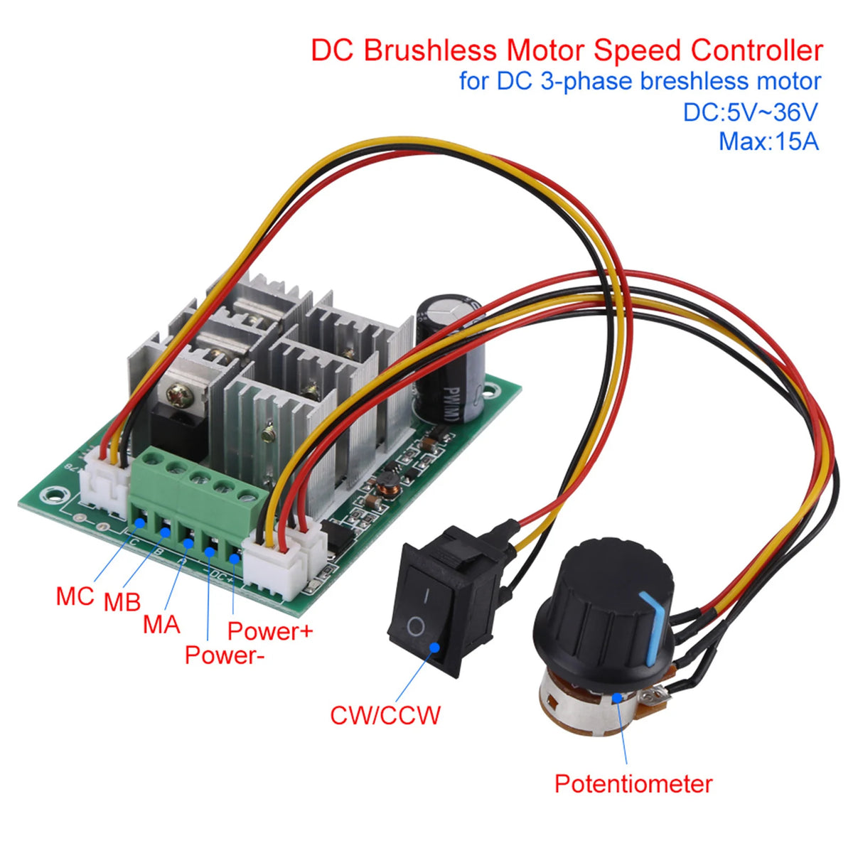 Motor Speed Switch DC 5V‑36V 15A 3‑Phase Brushless Motor Speed Control CW CCW Reversible Switch HIP