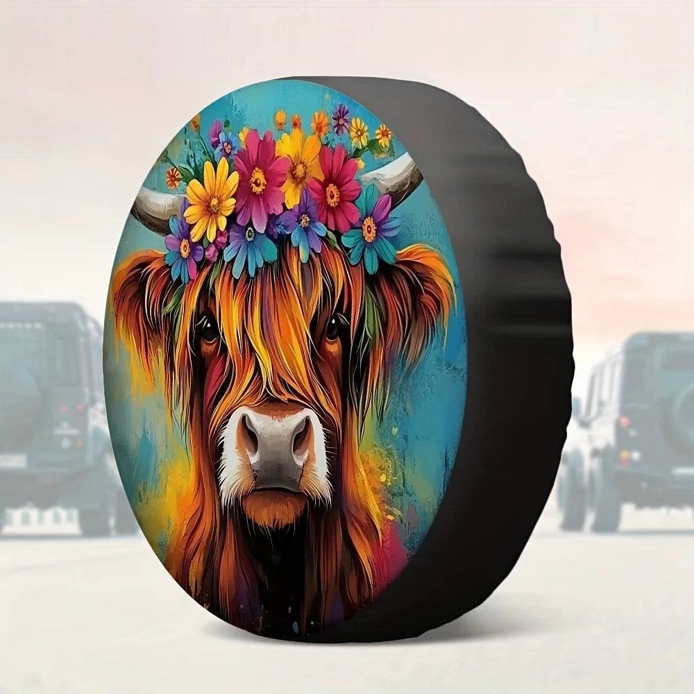 Cow Print Spare Tire Cover – Colorful Floral Bull Design Spare Tire Cover HIP