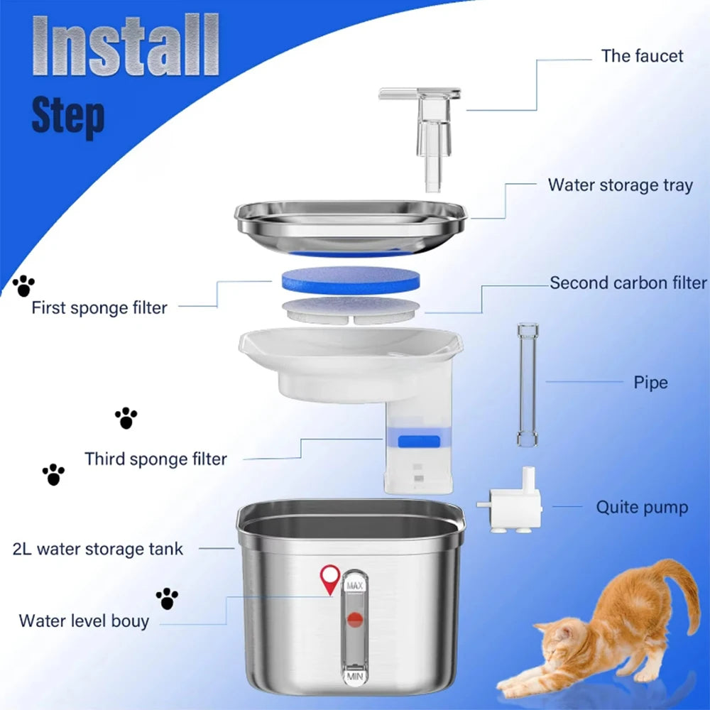 Cat Water Fountain Stainless Steel Pet Water Fountain for Cats Inside Filters&Ultra-Quiet Pump 2.2L/73oz Dog Pet Water Fountain HIP