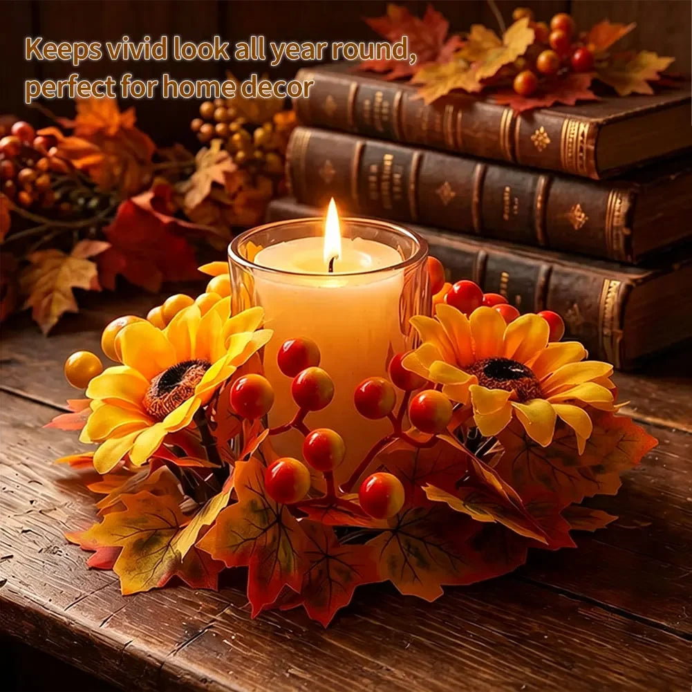 Thanksgiving Table Mantel Shelf Decor Fall Candle Ring Wreath Artificial Maple Leaves Berry Pinecone For Pillar Candle HIP