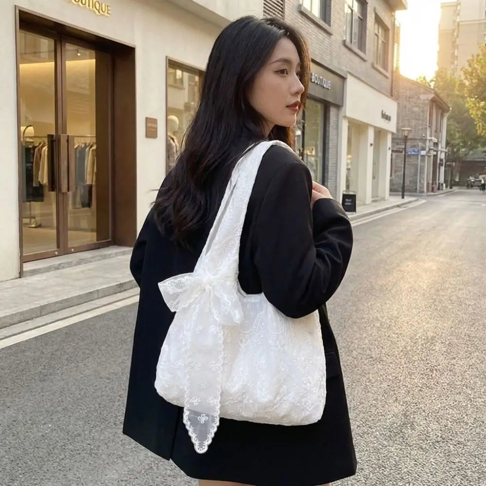Floral Lace Canvas Shoulder Bag with Silk Scarf | Underarm Tote Canvas Shoulder Bag HIP