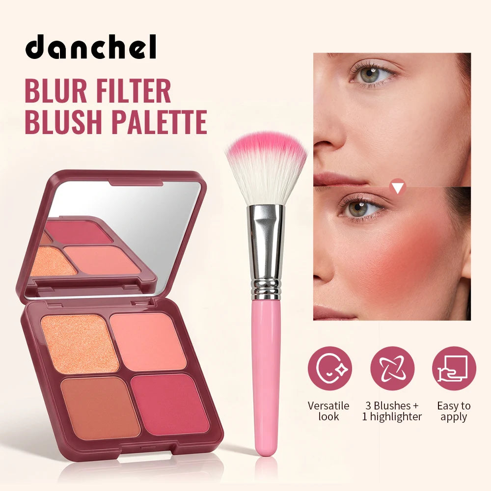 2pcs Blur Filter Blush Palette With Blush Brush 4 Color Matte Highlighter Palette Long-Lasting Makeup Cosmetics for Face Cheek HIP