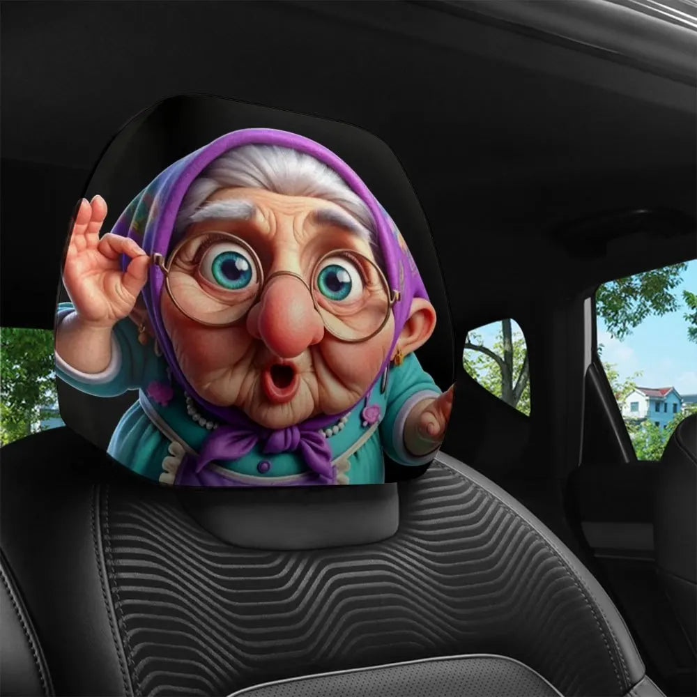 Funny Granny Print Car Headrest Covers – Universal Fit Car Headrest Cover HIP