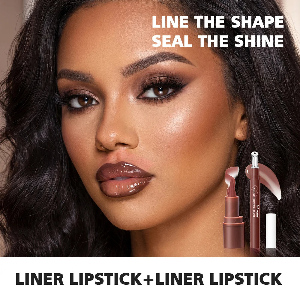 2Pcs Lip Liner & Lip Gloss Set Matte Black Brown Velvet Lipstick Waterproof Non-sticky Contour Lipliner Crayon Lip Makeup Tint HIP