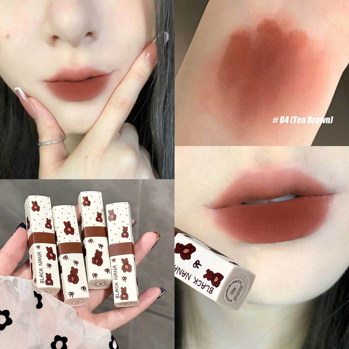 Nude Brown Matte Lipstick 4Colors Long Lasting Soft Mist Velvet Lip Mud Waterproof Low Saturation Sexy High Pigment Lip Gloss HIP 04 Tea Brown