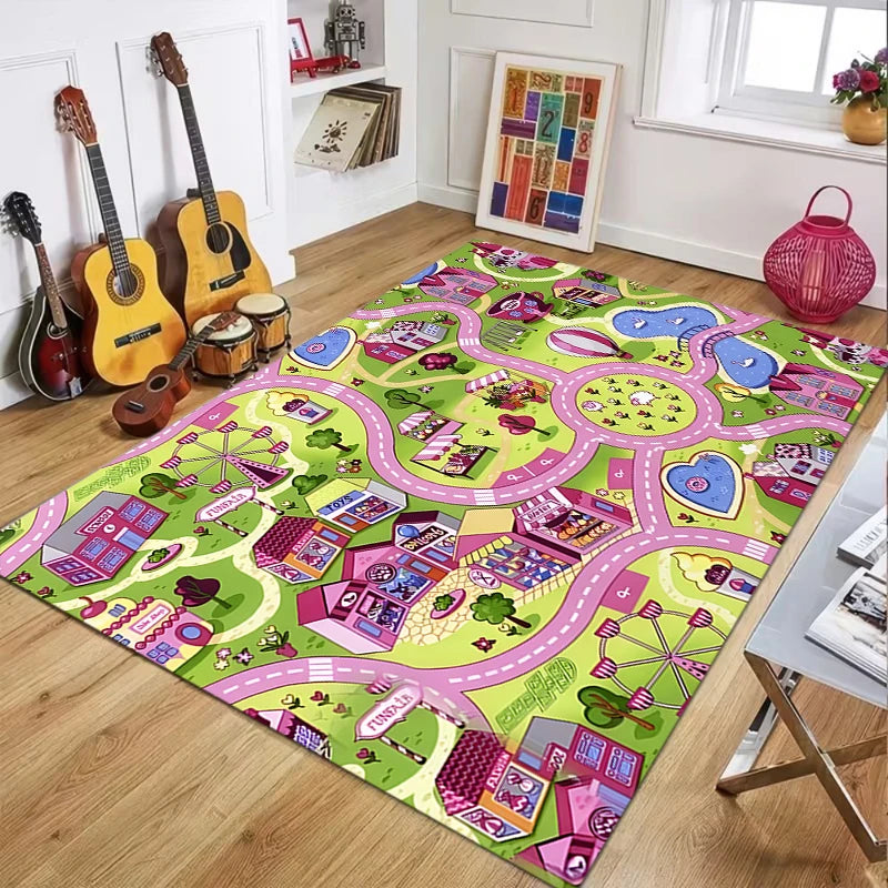 Pink Kids Play Rug – Interactive Road Track Mat | Non-Slip Kids Play Rug HIP