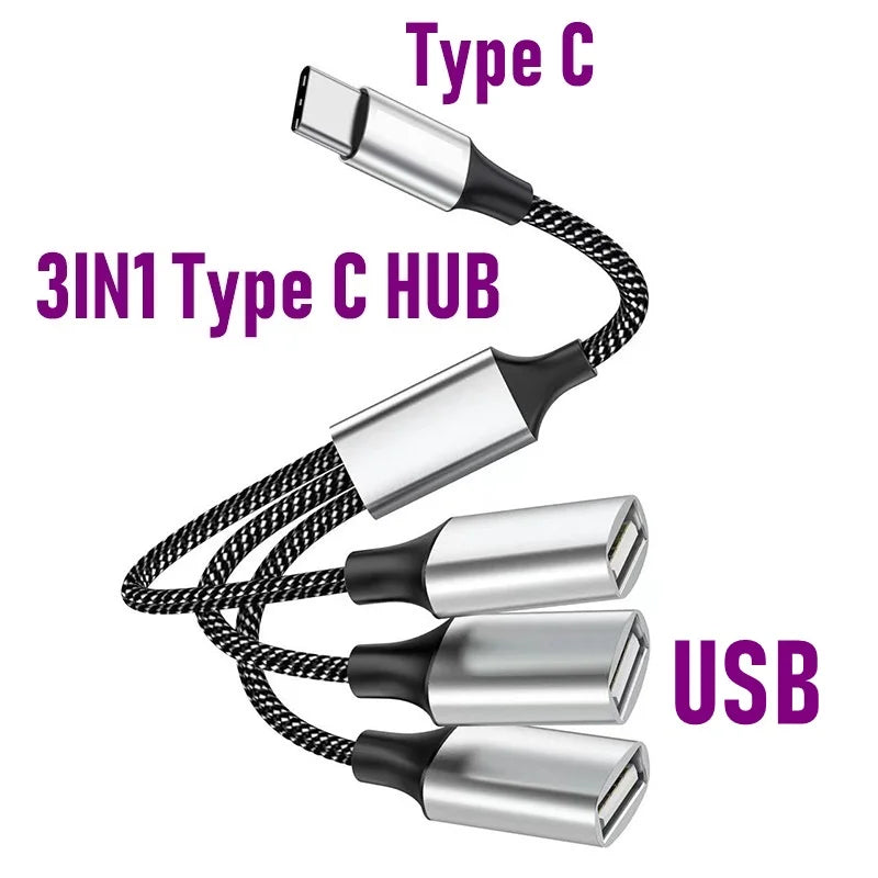 4-in-1 USB 2.0 Hub Splitter Cable – 1 Male to 4 Female USB Hub Splitter HIP 3 In 1 Type C