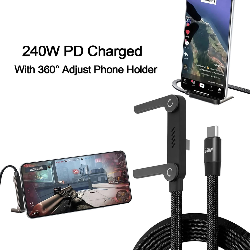 2-in-1 240W USB-C Fast Charging Cable & Phone Stand USB-C Charging Cable HIP