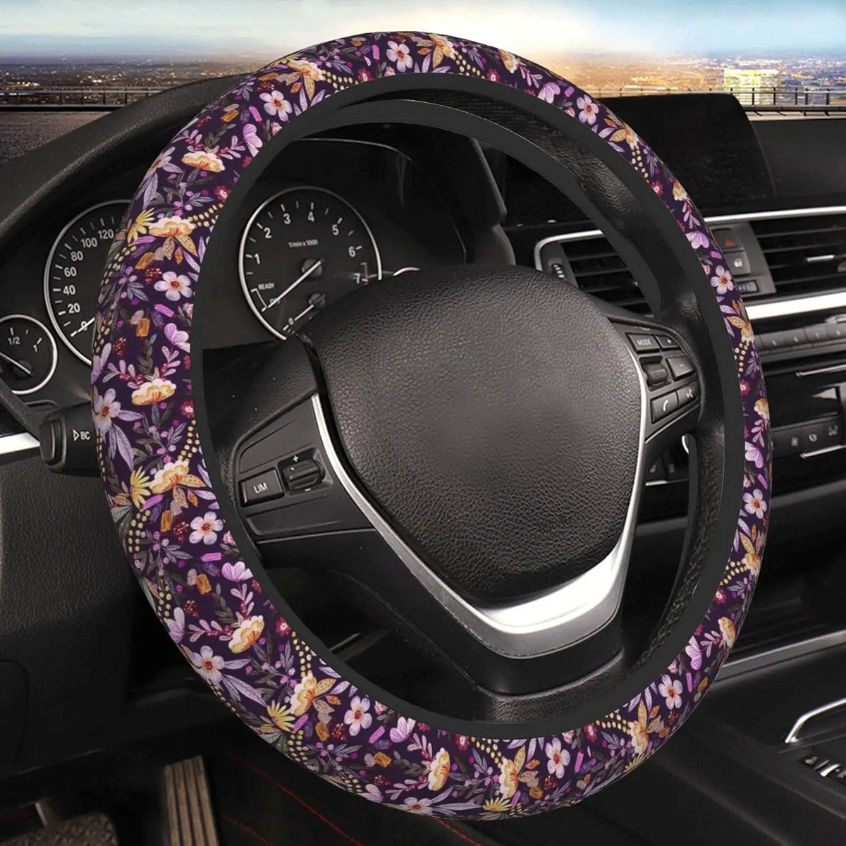 Floral Neoprene Steering Wheel Cover – Universal 15" Fit Steering Wheel Cover HIP black