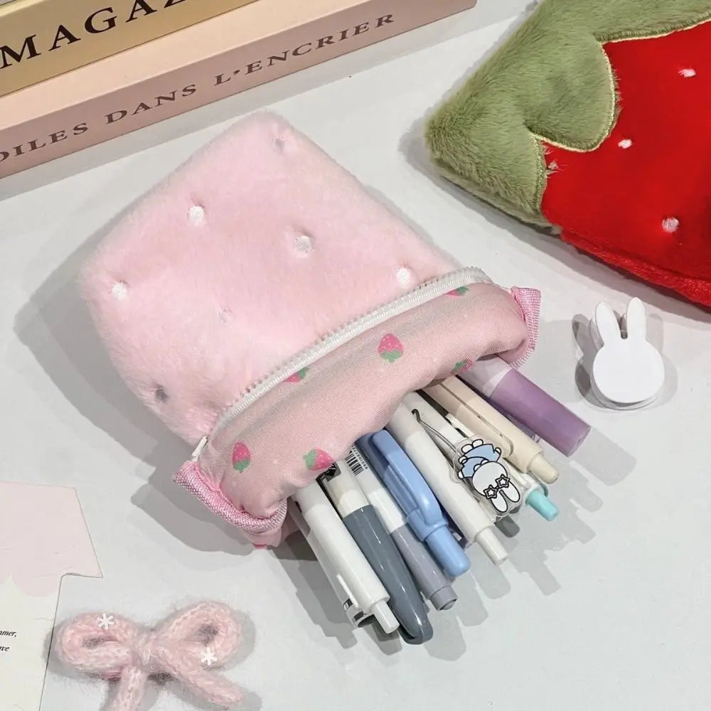 Strawberry Plush Pencil Case – Large Capacity Standing Pen Bag Pencil Case HIP
