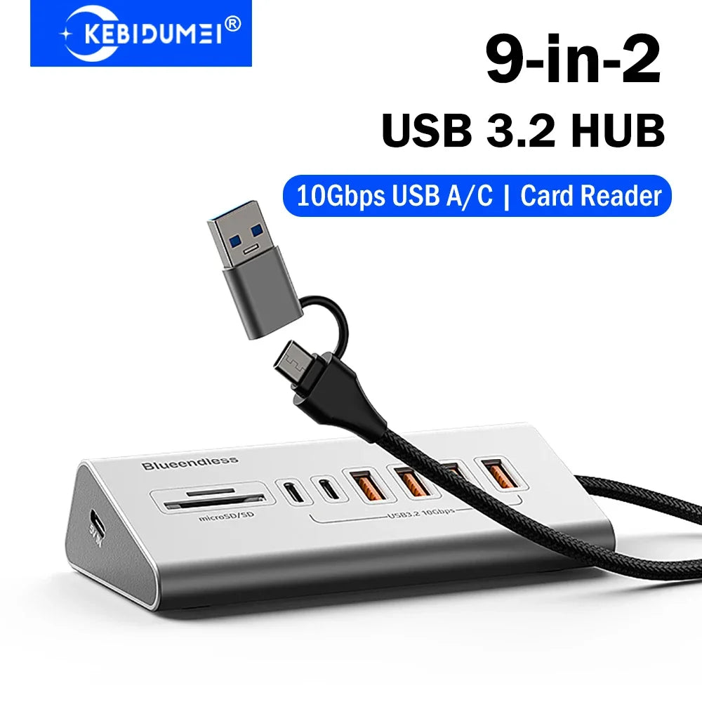 KEBIDUMEI 9-in-2 USB 3.2 Hub 10Gbps Docking Station + Card Reader USB Docking Hub HIP