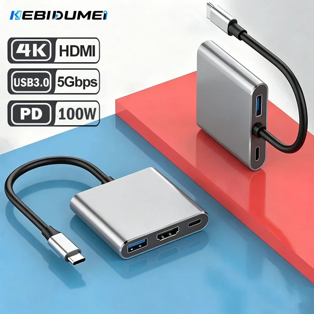 KEBIDUMEI USB-C Hub 3-in-1 – 4K HDMI, USB 3.0, PD 100W USB-C Docking Hub HIP