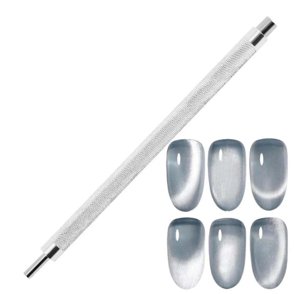 Double Head Flower Nail Magnet Stick Large Strong Magnetic Lollipop Round Tip Versatile Cat Eye Gel Nail Art Tool Nail Polish HIP Silver Straight-1Pc