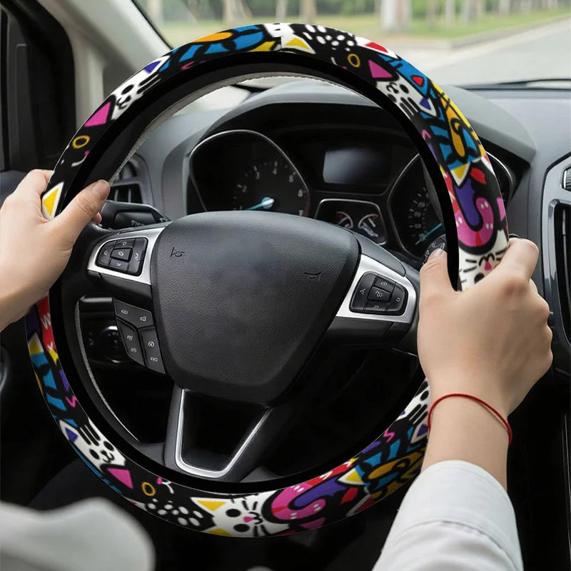 Cartoon Cat Geometric Patchwork 15-Inch Steering Wheel Cover Steering Wheel Cover HIP