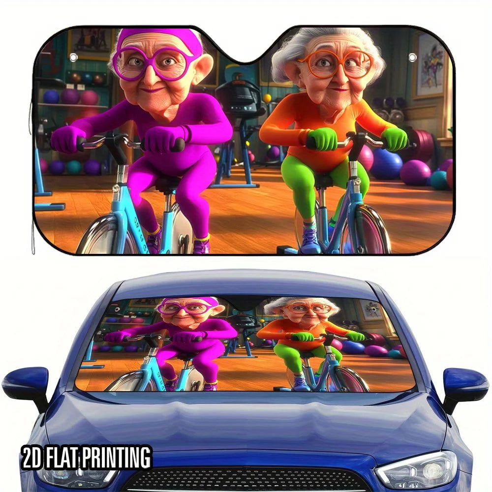 2D Fitness Granny Car Sunshade – Foldable + 4 Suction Cups Car Windshield Sunshade HIP M