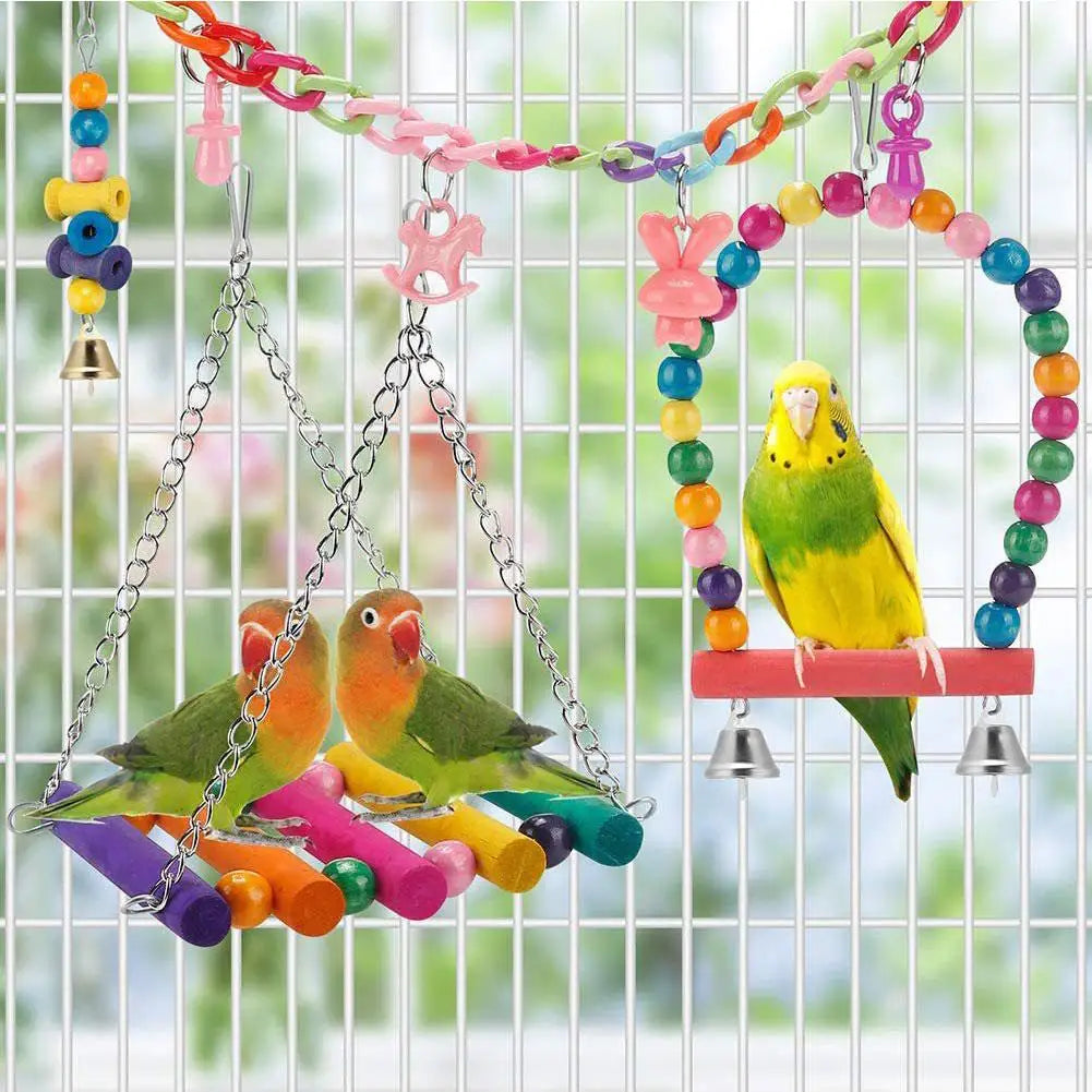 Bird Cage Toys for Parrots Wood Birds Swing Reliable Chewable Bite Bridge Wooden Beads Shape Parrot Toy 7pcs Bird Toys parrot HIP