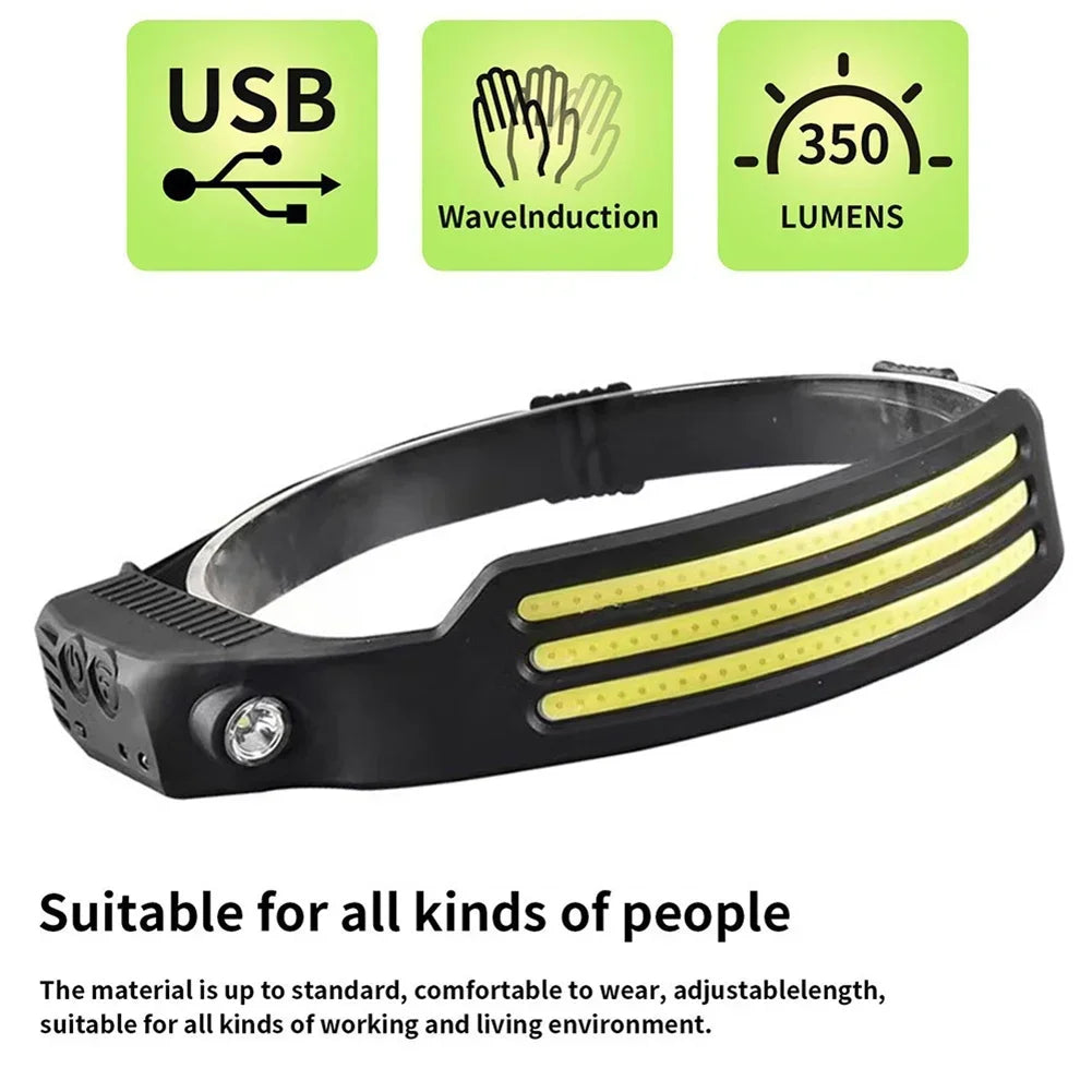 COB LED Headlamp Induction Head Lamp Built-in Battery USB Rechargeable Head Flashlight Outdoor Camping Fishing Sensor Headlight HIP